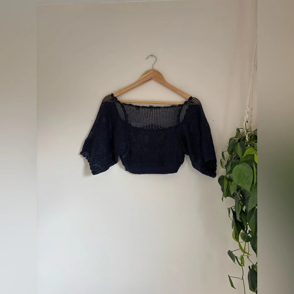 Anthropologie Knitted & Knotted Crochet Tee in Navy